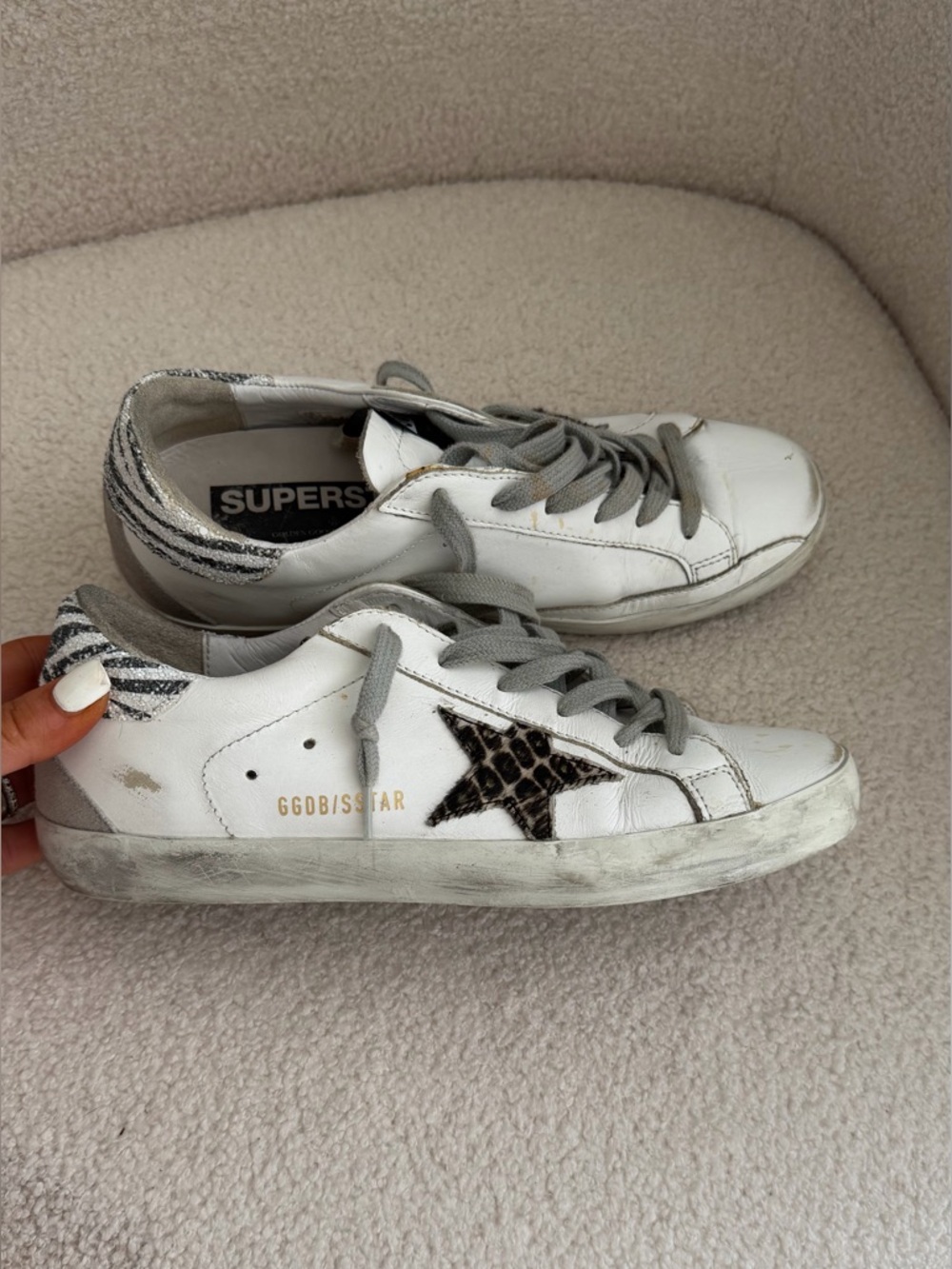 Golden Goose White Sneakers with Black Leopard Star and Gray Accents Size 38